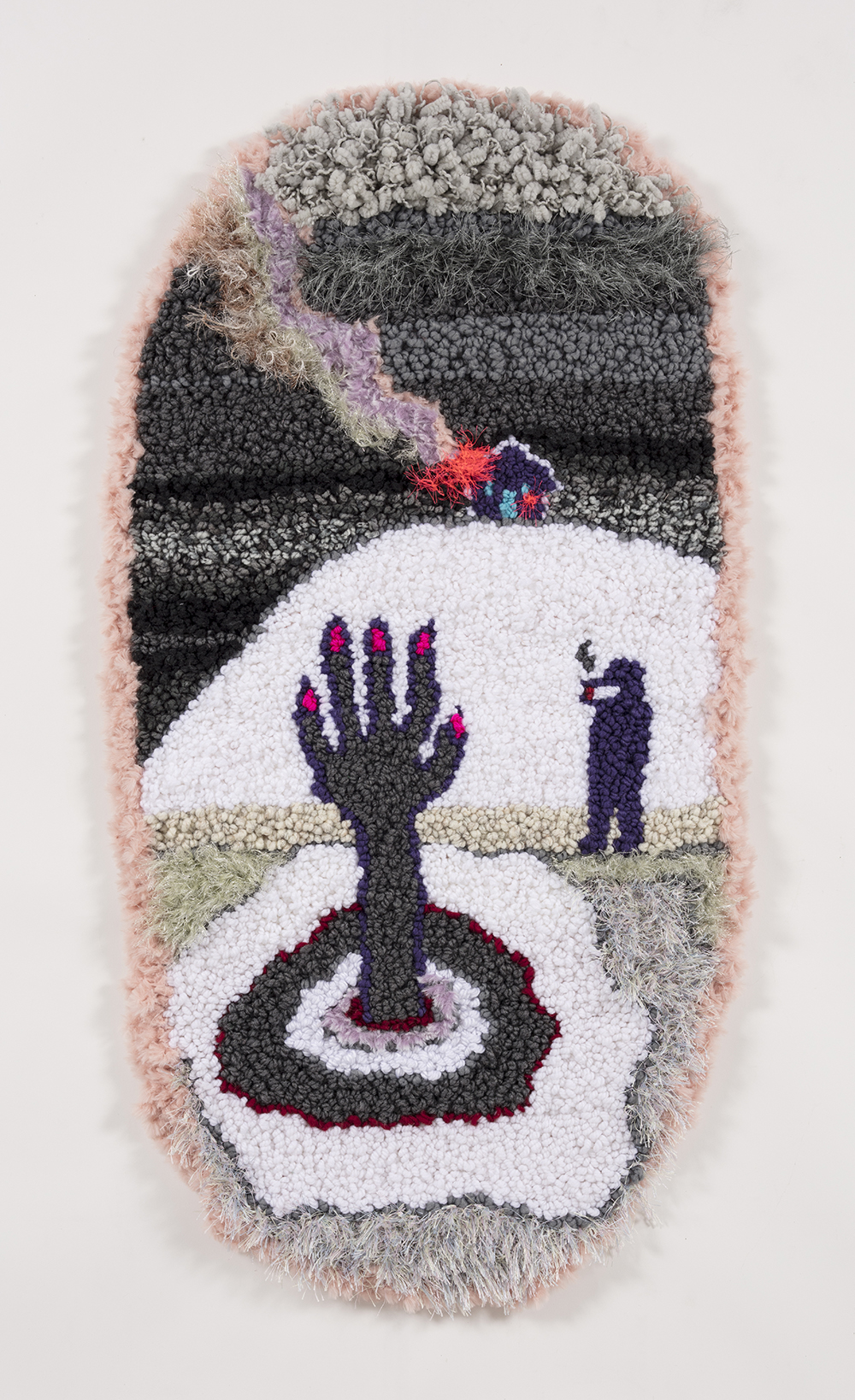 Hannah Epstein.<em> At the river with my baby</em>, 2019. Acrylic, polyester, wool, 45 x 23 inches (114.3 x 58.4 cm)