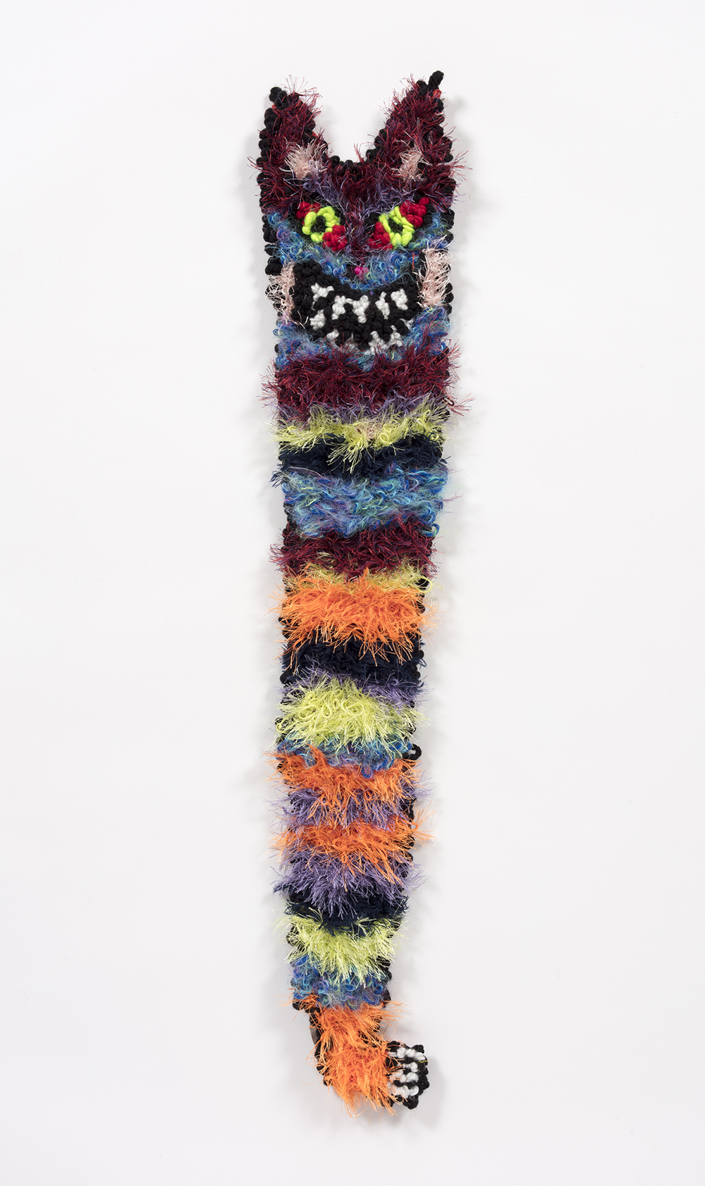 Hannah Epstein.<em> Cat Cane</em>, 2019. Acrylic, polyester, wool, and burlap, 31 x 6 1/2 inches (78.7 x 16.5 cm)