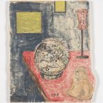 Kevin McNamee-Tweed.<em> Cat, Bowl, Buddha</em>, 2018. Monotype on mulberry paper mounted on wood, 8 3/4 x 10 1/2 inches (22.2 x 26.7 cm)