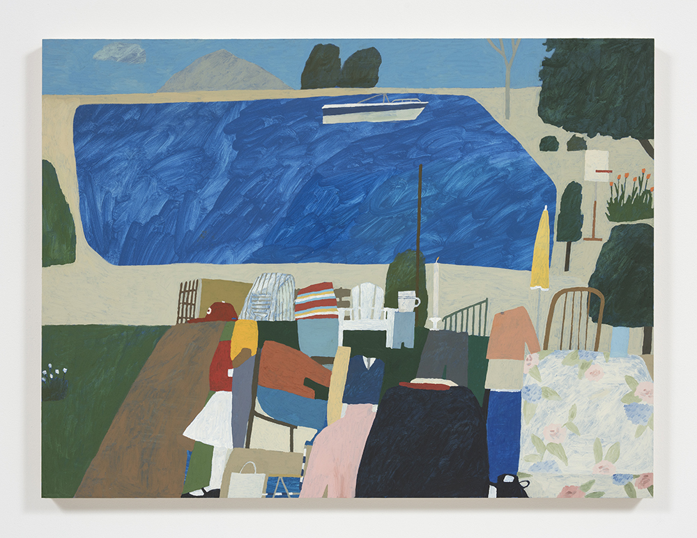 Mariel Capanna.<em> Striped Shirt, Mug, Adirondack Chair</em>, 2019. Oil and wax on panel, 30 x 40 inches  (76.2 x 101.6 cm)