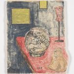 Kevin McNamee-Tweed.<em>Cat, Bowl, Buddha</em>, 2019. Monotype on mulberry paper mounted on wood, 8 3/4 x 10 1/2 in (22.2 x 26.7 cm)