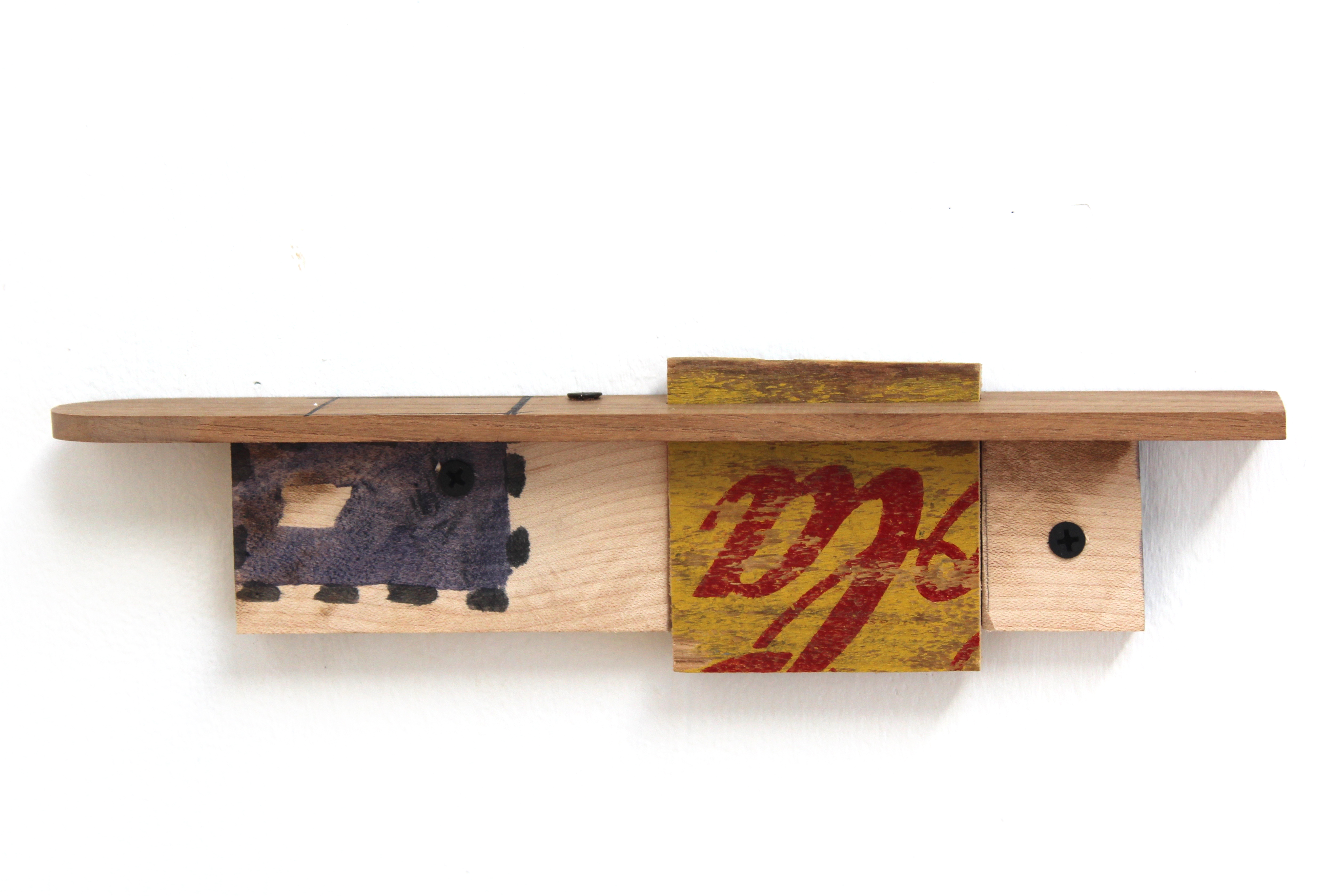 Kevin McNamee-Tweed.<em> Lorca Shelf</em>, 2019. Ink on wood with affixed found wood, 3 x 11 x 1 1/4 inches (7.6 x 27.9 x 3.2 cm)