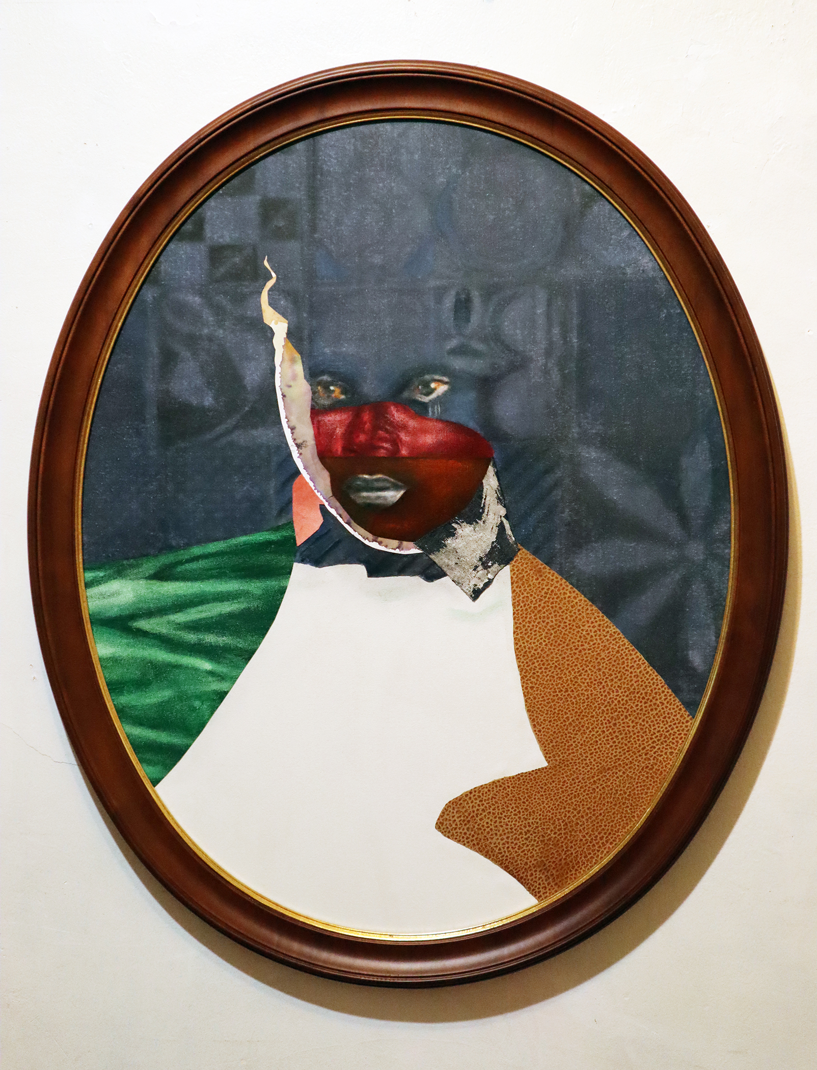 David Shrobe.<em> Temporal Traveler 2</em>, 2019. Oil, acrylic, ink, charcoal, paper, fabric, silver leaf on canvas in wood frame with gold leaf behind glass, 34 x 27 x 2 inches (86.4 x 68.6 x 5.1 cm)