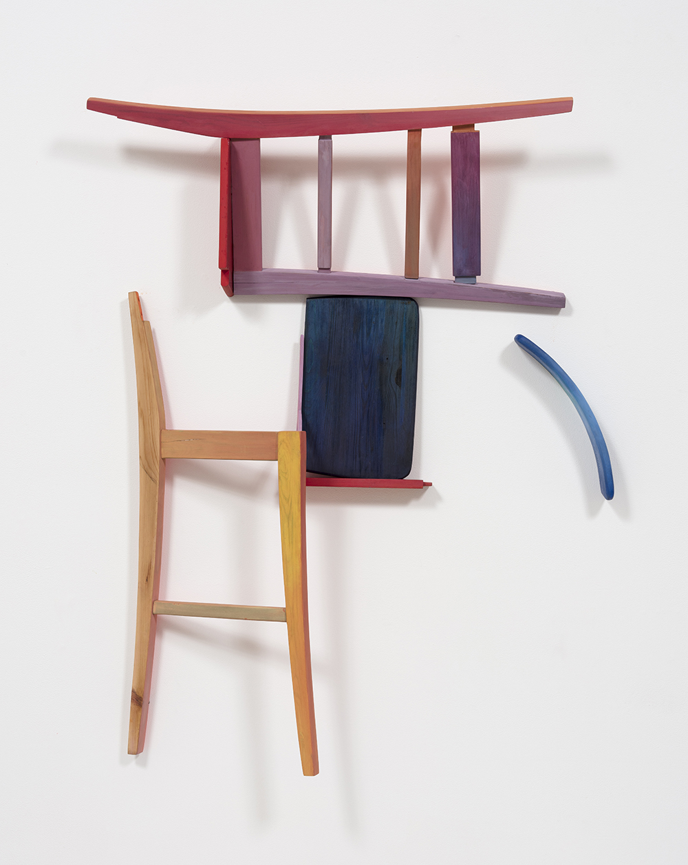 Gabrielle D'Angelo.<em> Chair Piece</em>, 2019. Wood, milk and flash paint, dye, varnish, 56 x 42 x 8 inches (142.2 x 106.7 x 20.3 cm)
