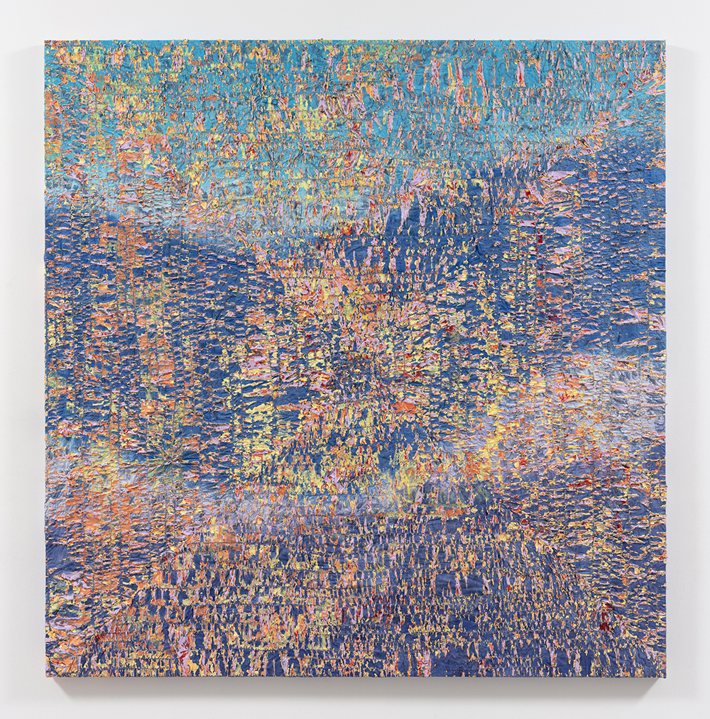 Gabrielle D'Angelo.<em> Each Time It Takes Shape</em>, 2019. Dyed cotton fabric, acrylic and flash paint, 75 x 77 inches (190.5 x 195.6 cm)
