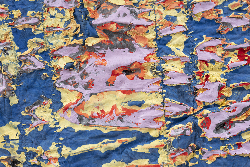 Gabrielle D'Angelo.<em> Each Time It Takes Shape</em>, 2019. Dyed cotton fabric, acrylic and flash paint, 75 x 77 inches (190.5 x 195.6 cm) Detail