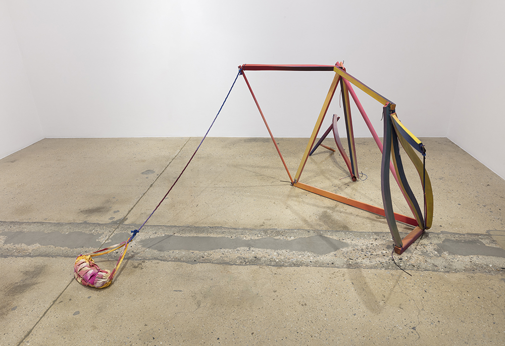 Gabrielle D'Angelo.<em> Moving Structure, #1</em>, 2019. Wood, milk paint, rope, sand, dyed cotton fabric, 10 x 5 x 4 inches (25.4 x 12.7 x 10.2 cm)