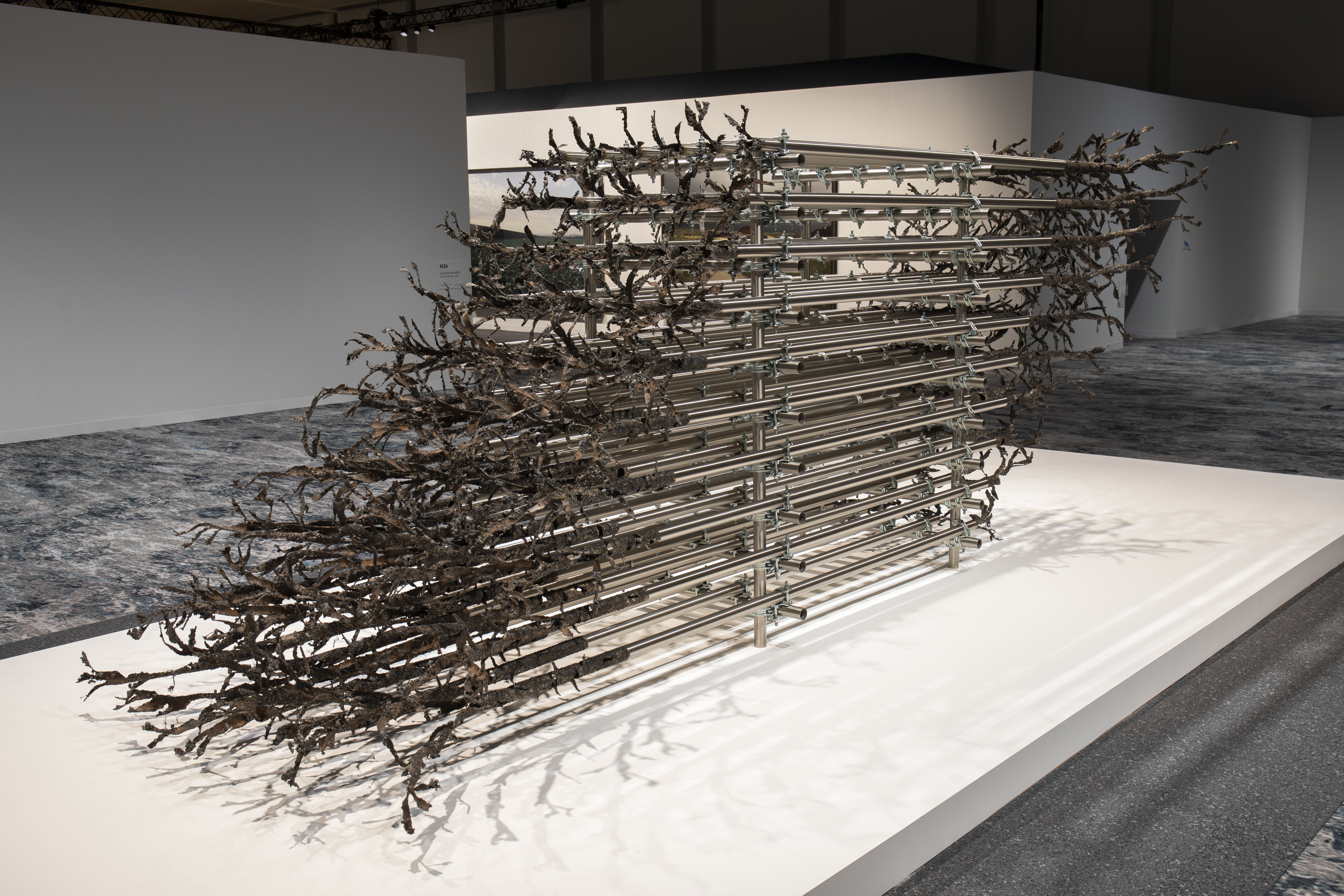 Luciana Lamothe.<em> Brutal Ambivalence</em>, 2019. Steel pipes and clamps, 76 3/4 x 236 1/4 x 47 1/4 inches (195 x 600 x 120 cm)