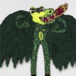 Hannah Epstein.<em> Like a dragon unfurled its wings</em>, 2019. Wool, acrylic, polyester and burlap, 113 x 120 inches (287 x 304.8 cm)