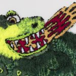 Hannah Epstein.<em> Like a dragon unfurled its wings</em>, 2019. Wool, acrylic, polyester and burlap, 113 x 120 inches (287 x 304.8 cm)