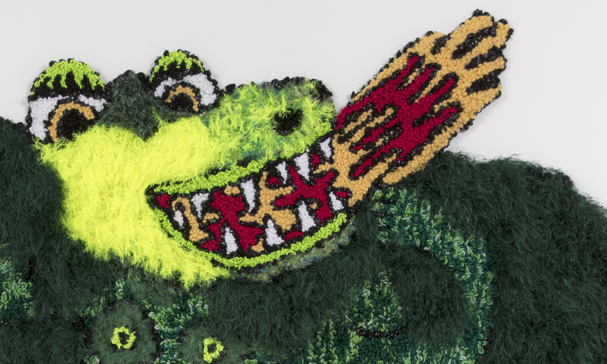 Hannah Epstein.<em> Like a dragon unfurled its wings</em>, 2019. Wool, acrylic, polyester and burlap, 113 x 120 inches (287 x 304.8 cm)