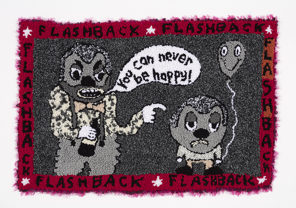 Hannah Epstein.<em> You Can Never Be Happy</em>, 2019. Wool, acrylic, polyester and burlap, 31 x 46 inches  (78.7 x 116.8 cm)