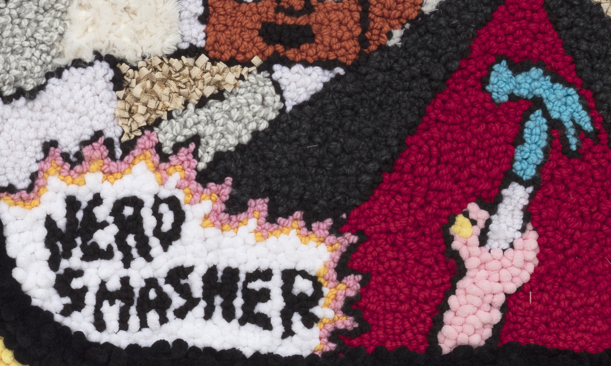 Hannah Epstein. <em>Nerd Smasher</em>, 2019. Wool, polyester, cotton and burlap, 74 x 47 inches  (188 x 119.4 cm) Detail
