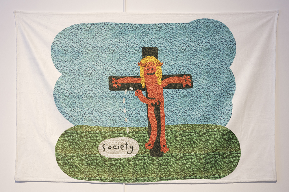 Hannah Epstein. <em>Jizzus Saves</em>, 2020. Digital print on towel, 37 x 58 inches  (94 x 147.3 cm)