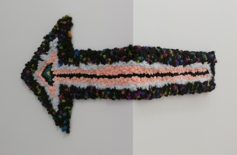 Hannah Epstein. <em>Arrow</em>, 2020. Wool, acrylic, polyester, cotton and burlap, 42 1/2 x 17 inches  (108 x 43.2 cm)