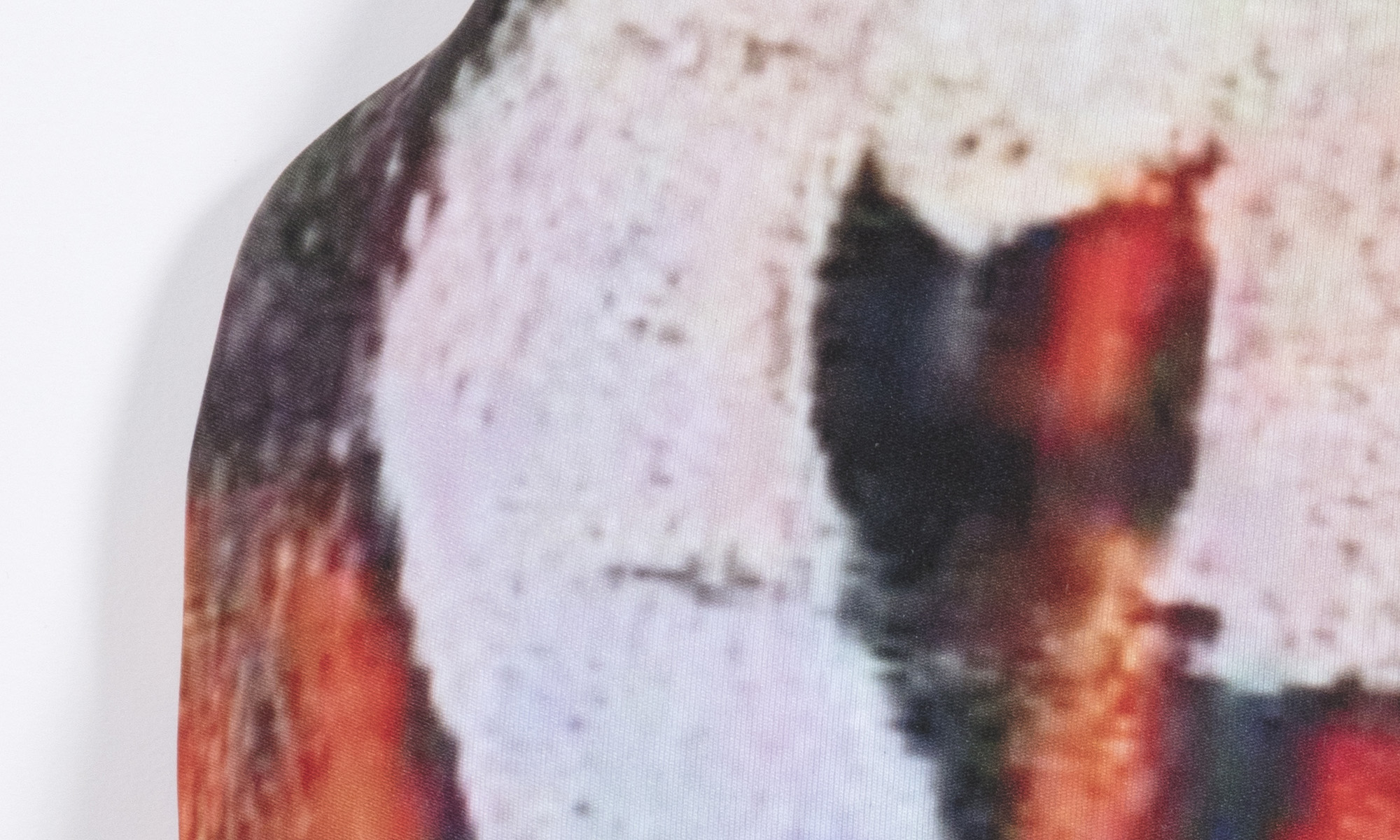 Hannah Epstein. <em>Cheddar Cheese</em>, 2020. Digital print on lycra; polyfill and wood, 20 1/2 x 20 1/2 x 2 inches (52.1 x 52.1 x 5.1 cm) Detail