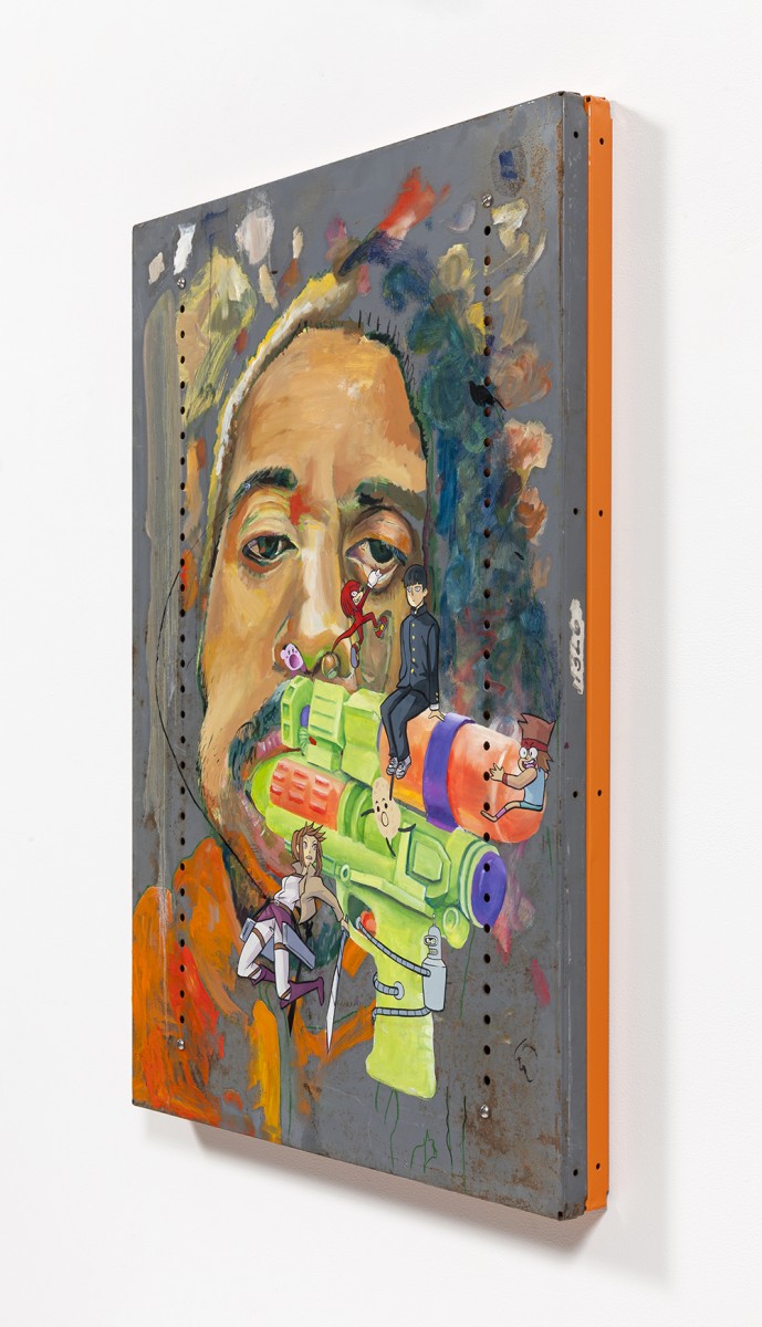 Yung Jake. <em>Untitled Self-Portrait (sasha, knuckles shigeo, kirby, samus, ko, idaho and bender)</em>, 2020. Oil on found metal; powder-coated steel support, 36 x 24 inches  (91.4 x 61 cm)