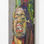 Yung Jake. <em>Untitled Self-Portrait 3 (blossom, ed, bubbles, dee dee, richard watterson, jake, finn, onion, johnny bravo, jack and buttercup)</em>, 2020. Oil on found metal; powder-coated steel support, 36 x 24 inches (91.4 x 61 cm)