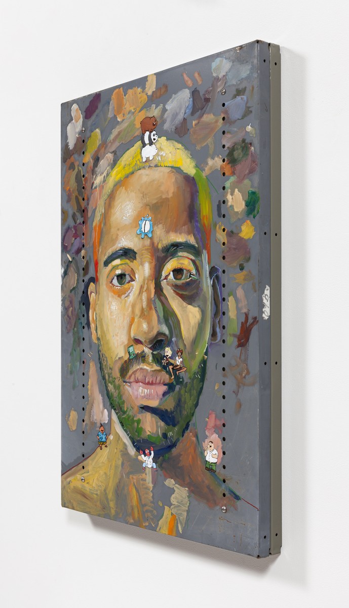 Yung Jake. <em>Untitled Self-Portrait 5 (grizzly, panda, ice bear, one-one, b-mo, calvin, edward, tito, peter and zoidberg)</em>, 2020. Oil on found metal; powder-coated steel support, 36 x 24 inches  (91.4 x 61 cm)