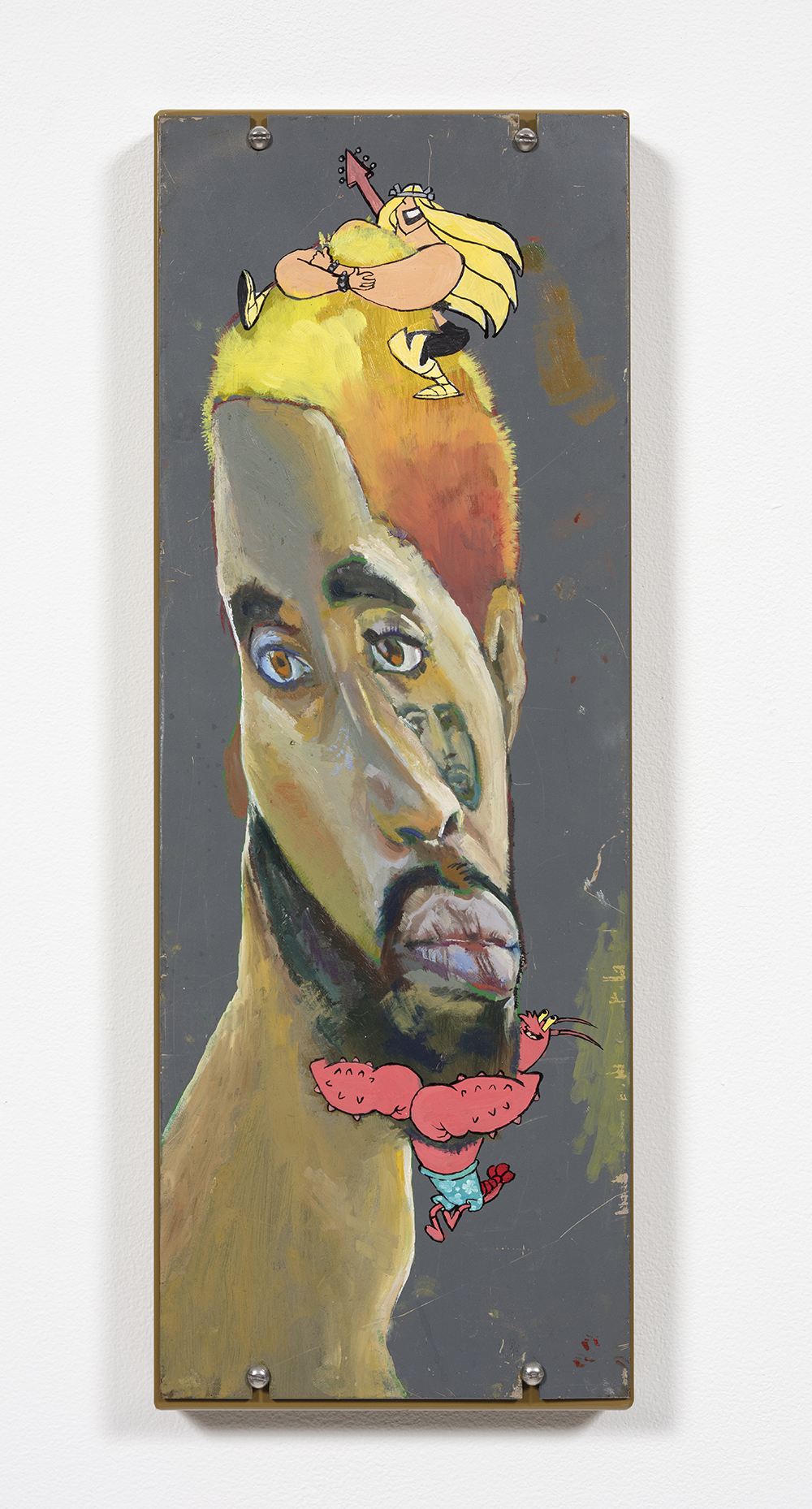 Yung Jake. <em>Untitled Self-Portrait 7 (w valhallen and larry the lobster)</em>, 2020. Oil on found metal; powder-coated steel support, 19 x 8 inches  (48.3 x 20.3 cm)