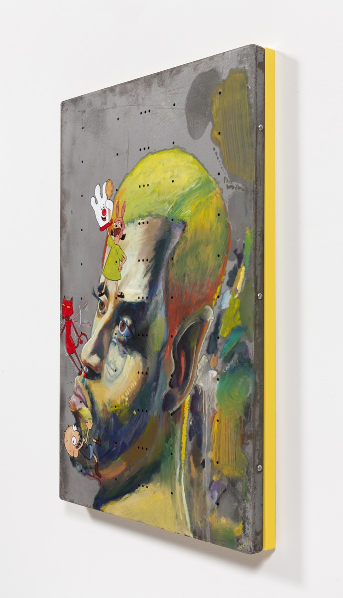 Yung Jake. <em>Untitled Self-Portrait 14 (hamburger helper, louise, kate and sumo)</em>, 2020. Oil on found metal; powder-coated steel support, 36 x 24 inches  (91.4 x 61 cm)