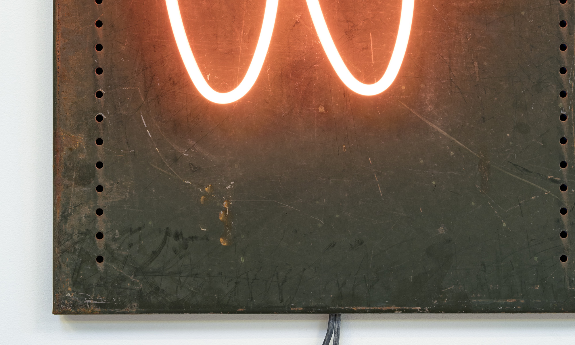 Yung Jake. <em>hair (orange)</em>, 2020. Neon on found metal, 36 x 24 inches  (91.4 x 61 cm) Detail