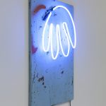 Yung Jake. <em>hair (also blue)</em>, 2020. Neon on found metal, 36 x 24 inches (91.4 x 61 cm)
