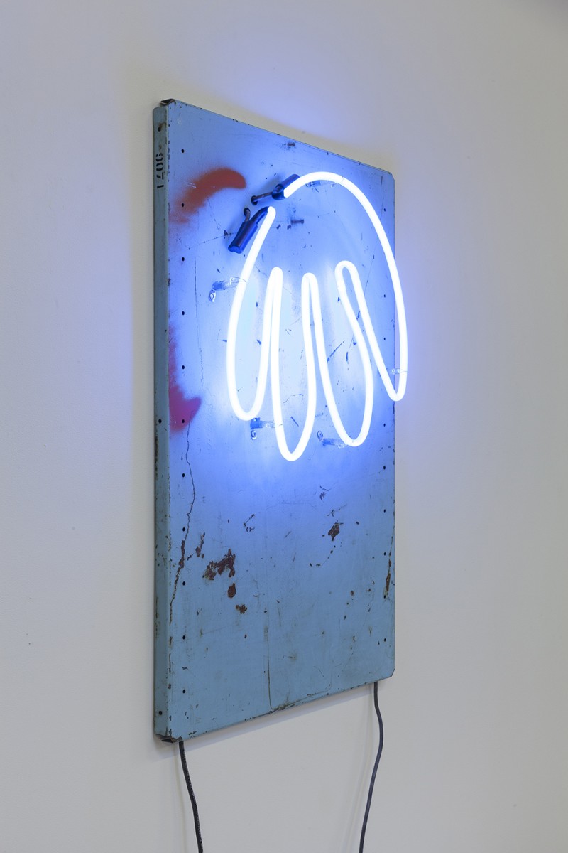 Yung Jake. <em>hair (also blue)</em>, 2020. Neon on found metal, 36 x 24 inches  (91.4 x 61 cm)