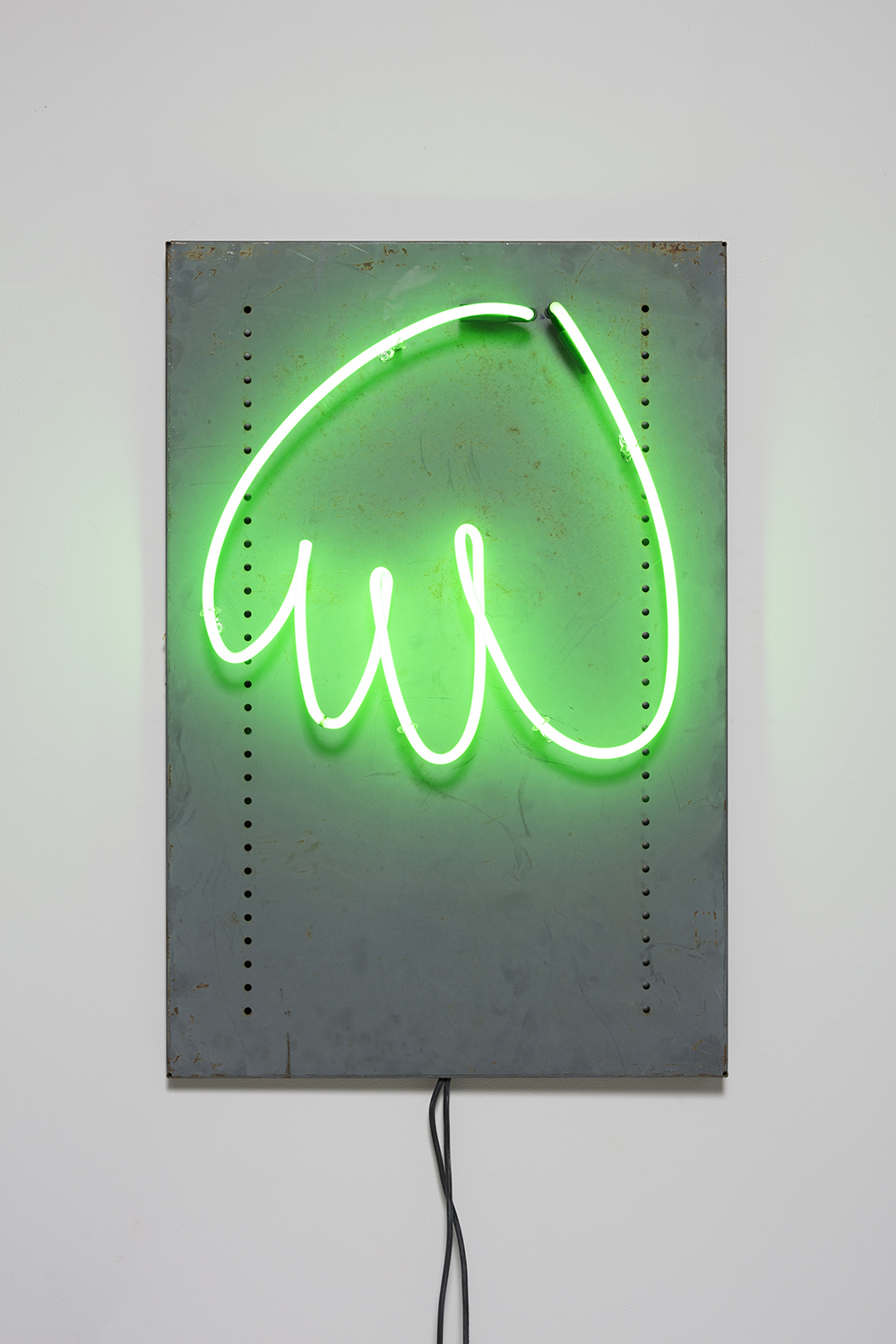 Yung Jake. <em>hair (green)</em>, 2020. Neon on found metal, 36 x 24 inches  (91.4 x 61 cm)