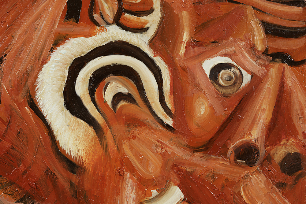Siro Cugusi. <em>Forest V</em>, 2019. Oil on canvas, 76 3/4 x 106 1/4 inches (195 x 270 cm) Detail