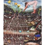 Kate Klingbeil. <em>Night Dress and The Daffodils</em>, 2020. Acrylic, watercolor, vinyl paint, sand, pumice, oil stick and oil pastel on canvas. 24 1/4 x 19 1/2 x 2 inches (61.6 x 49.5 x 5.1 cm)