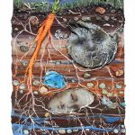 Kate Klingbeil. <em>Rocks Which Weigh, Roots Which Bind, Soil Which Grounds,</em> 2020. Acrylic, watercolor, vinyl paint, sand, pumice, oil stick and oil pastel on canvas. 16 x 11 1/4 x 2 inches (40.6 x 28.6 x 5.1 cm)