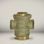 Eugenia Mendoza. <em>Basket Connection I</em>, 2020. Phormium and bronze, 11 3/4 x 10 1/4 x 10 1/4 inches (30 x 26 x 26 cm)