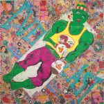 Tight Rope #8 (Super Sloth), 2015 Ink, water-soluble wax pastel, tape and saliva on paper 86 x 87 inches  (218.4 x 221 cm)