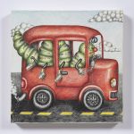 Samantha Rosenwald. <em>Peepee the Caterpillar Gets Her Learner’s Permit</em>, 2019. Colored pencil on canvas, 14 x 14 inches (35.6 x 35.6 cm)