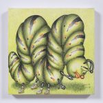 Samantha Rosenwald. <em>Peepee the Caterpillar Contemplates Mortality</em>, 2019. Colored pencil on canvas, 14 x 14 inches (35.6 x 35.6 cm)