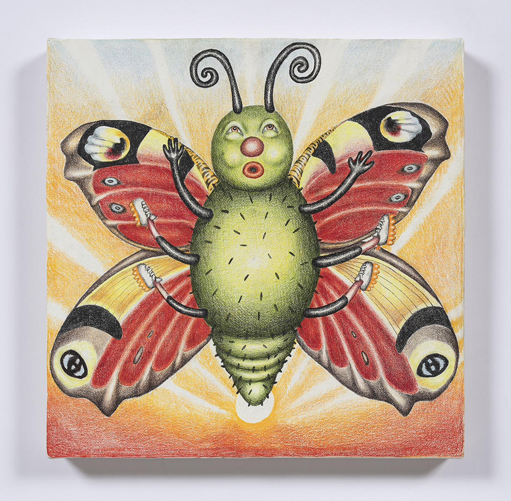 Samantha Rosenwald. <em>Peepee the Caterpillar Dreams of Flying Free</em>, 2019. Colored pencil on canvas, 14 x 14 inches (35.6 x 35.6 cm)