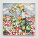 Samantha Rosenwald. <em>Peepee the Caterpillar Ruins a Picnic</em>, 2020. Colored pencil on canvas, 30 x 30 inches (76.2 x 76.2 cm)