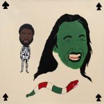 David Leggett. <em>My salad is making me laugh (I got it for cheap)</em>, 2018. Acrylic and felt on canvas, 30 x 30 inches (76.2 x 76.2 cm)