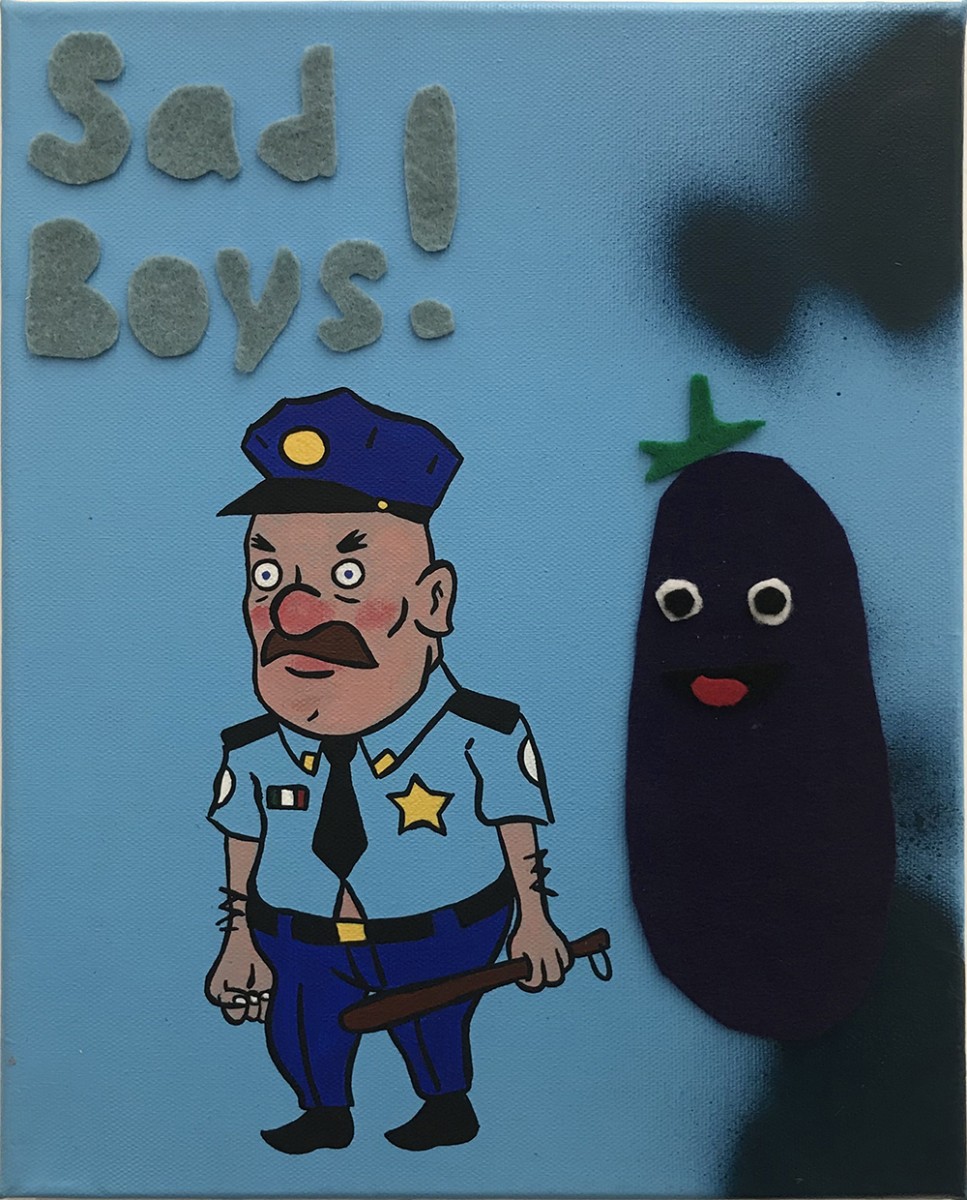 David Leggett. <em>Officer Prosciutto</em>, 2020. Acrylic, spray paint and felt on canvas, 12 x 9 inches (30.5 x 22.9 cm)