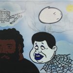 David Leggett. <em>Side effects may vary</em>, 2020. Acrylic, airbrush and photo transfer on canvas, 9 x 12 inches (22.9 x 30.5 cm)