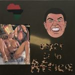 David Leggett. <em>I want my coffee black just like my soap</em>, 2020. Acrylic, spray paint, felt and collage on canvas, 20 x 20 inches (50.8 x 50.8 cm)