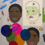 David Leggett. <em>You’re going to need more than staples to patch that leak up</em>, 2019. Acrylic, spray paint, color pencil and collage on paper, 48 x 42 inches (121.9 x 106.7 cm)