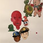 David Leggett. <em>Chalked outlines and blood on the dance floor</em>, 2020. Acrylic, screen print, watercolor, ink, rubber stamp and collage on paper, 20 x 16 inches (50.8 x 40.6 cm)