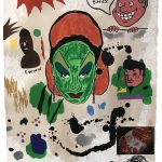 David Leggett. <em>The war makeup isn’t washing off. I bet you were drafted.</em>, 2020. Acrylic, screen print, pen, crayon and collage on paper, 20 x 16 inches (50.8 x 40.6 cm)