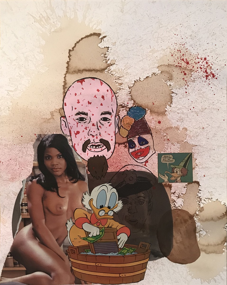David Leggett. <em>Queen bees and mattresses on the floor</em>, 2020. Acrylic, screen print, pen, coffee and collage on paper, 20 x 16 inches (50.8 x 40.6 cm)
