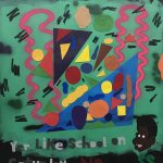 David Leggett. <em>Modern playa</em>, 2020. Acrylic, spray paint, oil bar and felt on paper, 48 x 42 inches (121.9 x 106.7 cm)