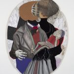 David Shrobe. <em>At A Crossroads</em>, 2020. Oil, acrylic and graphite on paper, steel, wood, flocking, wool tweed, faux suede, vinyl, fabric, linen and bookbinding cloth mounted on carved wood, 77 x 55 x 2 inches (195.6 x 139.7 x 5.1 cm)