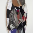 David Shrobe. <em>At A Crossroads</em>, 2020. Oil, acrylic and graphite on paper, steel, wood, flocking, wool tweed, faux suede, vinyl, fabric, linen and bookbinding cloth mounted on carved wood, 77 x 55 x 2 inches (195.6 x 139.7 x 5.1 cm) Detail thumbnail