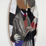 David Shrobe. <em>At A Crossroads</em>, 2020. Oil, acrylic and graphite on paper, steel, wood, flocking, wool tweed, faux suede, vinyl, fabric, linen and bookbinding cloth mounted on carved wood, 77 x 55 x 2 inches (195.6 x 139.7 x 5.1 cm) Detail